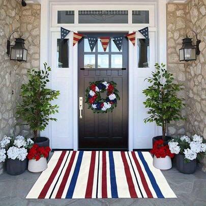 1 Piece Of Patriotic Rug April 7th - Blue, White, And Red Striped Stars And Stripes Design, Durable Rustic-Style Porch Decoration, Independence Day Summer Entrance Decoration, Easy To Clean FFQE