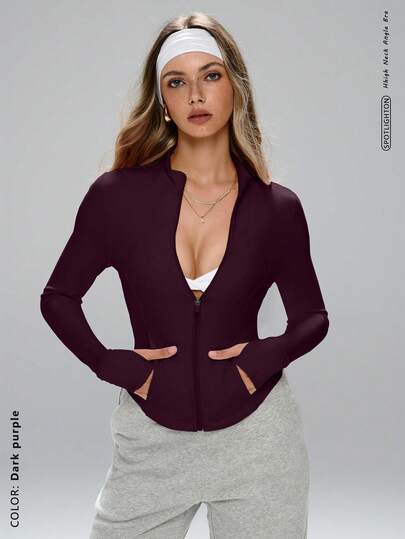 FWH 女士时尚设计小立领户外跑步瑜伽运动休闲风面料舒适弹力视觉塑形收腰基础百搭青春防晒运动夹克长袖春季