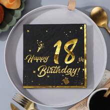 Gold-Stamped 18th Birthday Happy Patterned Tissue Paper. Disposable Printed Table Napkins For Party And Gathering, 20 Pieces.
