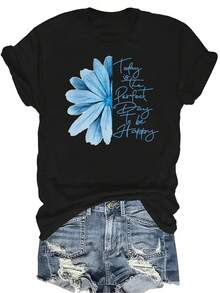 [Camiseta de Moda Casual] Camiseta de Mujer Suave y Cómoda - Estampado de Flor Azul Día Feliz Casual de Manga Corta Cuello Redondo, Regalo Perfecto para Abuela y Mamá, Uso Casual de Primavera Verano - Negro - Ver 1