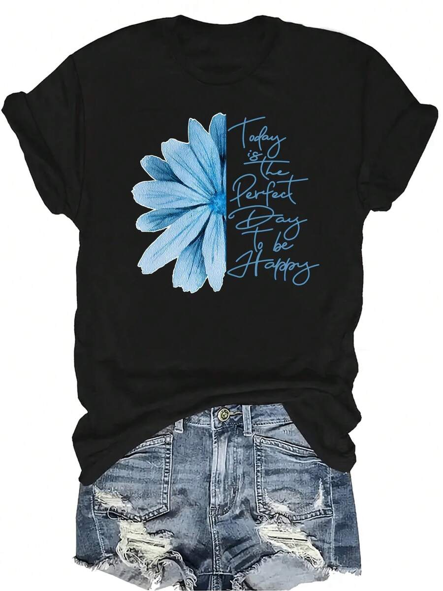 [Camiseta de Moda Casual] Camiseta de Mujer Suave y Cómoda - Estampado de Flor Azul Día Feliz Casual de Manga Corta Cuello Redondo, Regalo Perfecto para Abuela y Mamá, Uso Casual de Primavera Verano - Negro - Ver 1