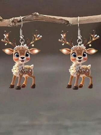 1 Pair Of Christmas Decoration Deer-Shaped Christmas Tree Decoration Acrylic Flat Earrings For Daily Wear, Suitable For Both Men And Women