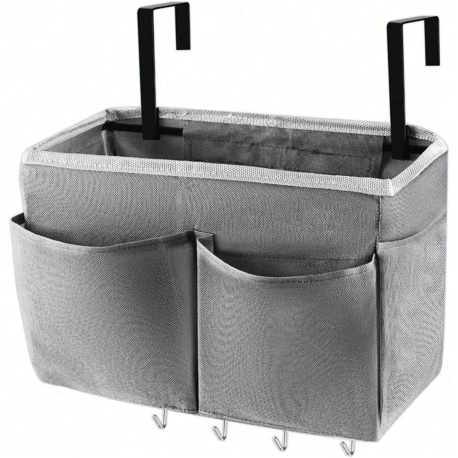 Bedside Storage Organizer 5 Pockets With 4 Hooks Hanging Storage Bag For Headboards/Bunk Bed (Grey)