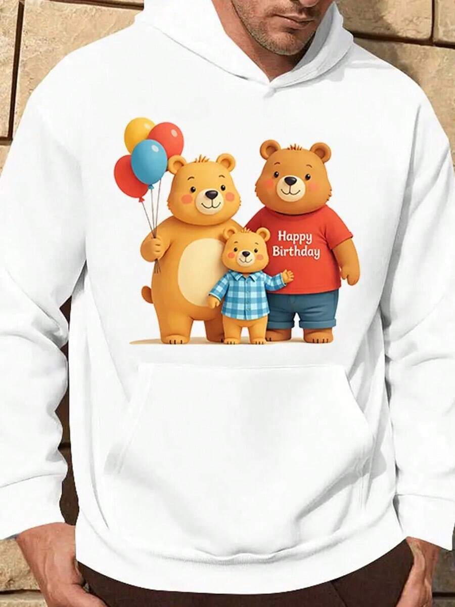 Happy Birthday Bear Family Print Hoodie - Long Sleeve, Knit Fabric, Relaxed Fit, Full Size, Fashionable Graphic Print, Perfect For Casual Outings And Daily Wear, Black White Red Grey Navy,Fall Hoodies,Men's Fall Clothes,Street Wear,Halloween,Mens Hoodies,Y2k Clothes,Jesus Hoodie,Thanksgiving Day,Nightmare Before Christmas,Christmas - 白色 - 查看 1