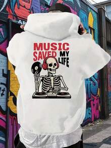 Men'S White Hoodie With Music Saved My Life Skull DJ Graphic - Casual & Y Long Sleeve Pullover With Pockets, Perfect For Fall & Winter,,Fall Hoodies,Men's Fall Clothes,Street Wear,Halloween,Mens Hoodies,Y2k Clothes,Jesus Hoodie,Thanksgiving Day,Nightmare Before Christmas,Christmas - 白色 - 查看 1