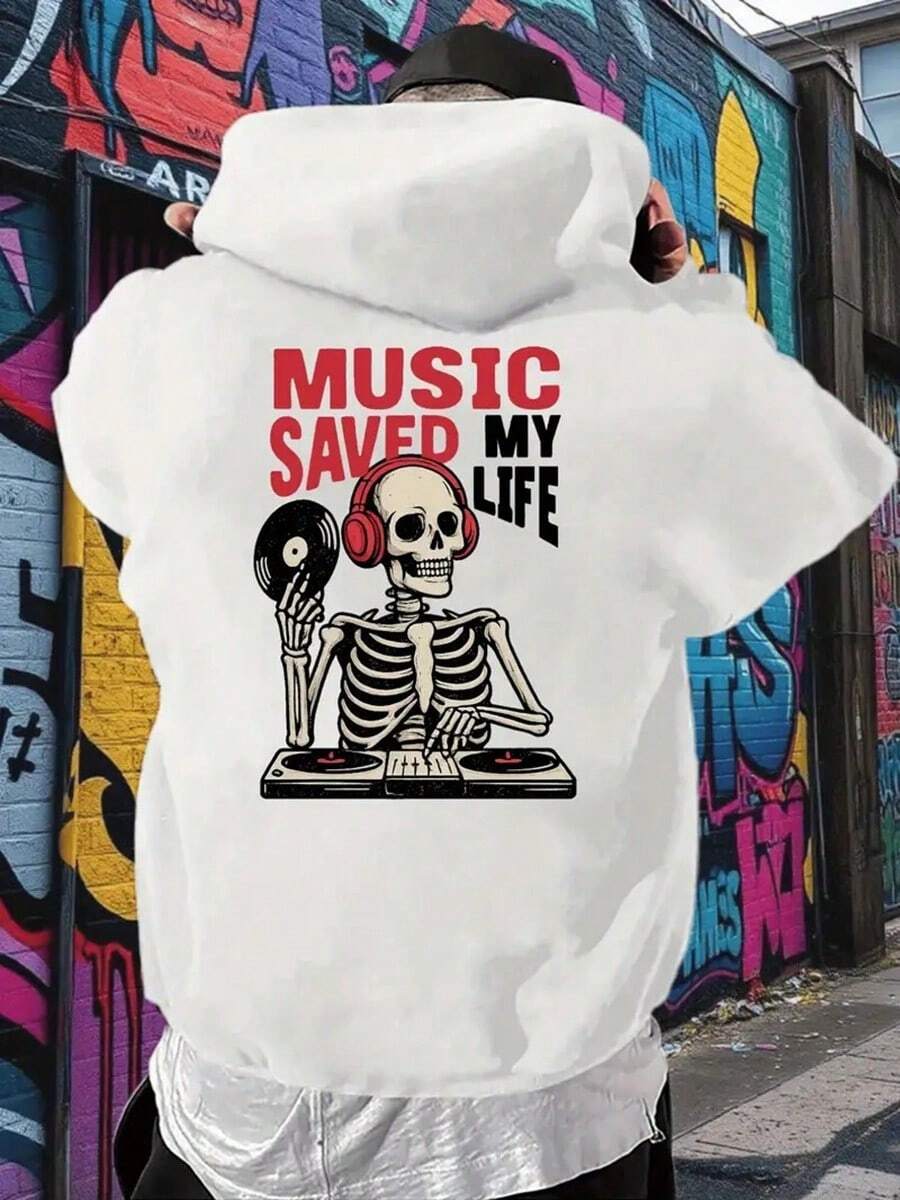 Men'S White Hoodie With Music Saved My Life Skull DJ Graphic - Casual & Y Long Sleeve Pullover With Pockets, Perfect For Fall & Winter,,Fall Hoodies,Men's Fall Clothes,Street Wear,Halloween,Mens Hoodies,Y2k Clothes,Jesus Hoodie,Thanksgiving Day,Nightmare Before Christmas,Christmas - 白色 - 查看 1