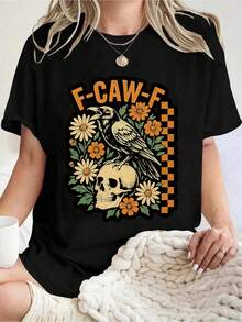 Plus Size Casual Short Sleeve Women's T-Shirt With Skull, Crow & Floral Print F-CAW-F For Halloween Party 220g