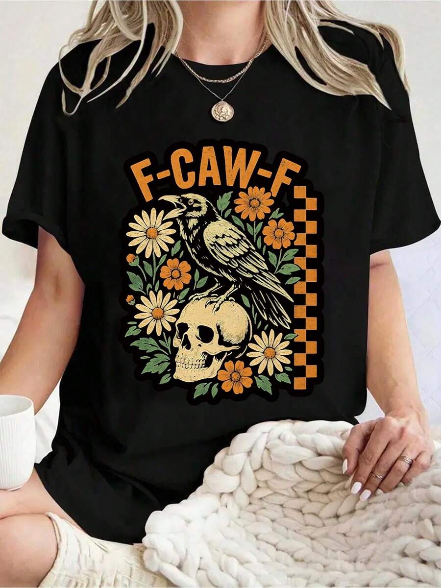Plus Size Casual Short Sleeve Women's T-Shirt With Skull, Crow & Floral Print F-CAW-F For Halloween Party 220g