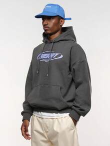 Sudadera con capucha térmica con gráfico de letras y hombros caídos con cordón para hombre, para otoño e invierno