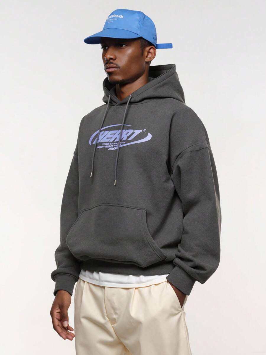 Sudadera con capucha térmica con gráfico de letras y hombros caídos con cordón para hombre, para otoño e invierno