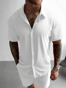 Conjunto informal de 2 piezas de unicolor con textura para hombre GloMan, con camisa de manga corta holgada con pliegue y pantalones cortos con cordón, para calle, diario, reunión, blanco - Blanco - Ver 2