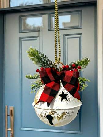 [Christmas Metal Bell Wreath] Classic 1 Piece Christmas Metal Bell Wreath - Round Holiday Decoration With Lattice Bow And Lanyard - Holiday Decorations, Christmas Decorations, Christmas Bells.