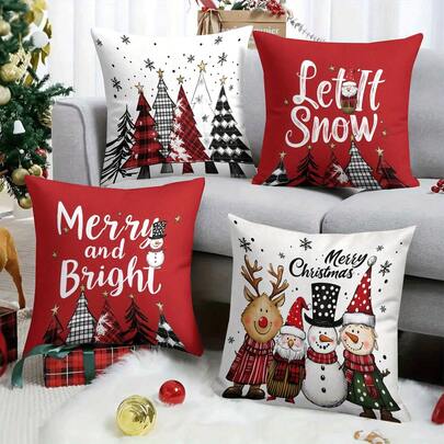 4个/1个圣诞红色枕套 - “Let It Snow”（让雪花飘落）“Merry And Bright”（欢乐明亮）“Rerry Christmas”（圣诞快乐）驯鹿、雪人、圣诞老人和稻草人印花枕套，18x18英寸 | 拉链封口 | 适用于客厅、房间装饰、沙发和卧室（不含枕芯）非常适合圣诞装饰、圣诞派对家居装饰。
