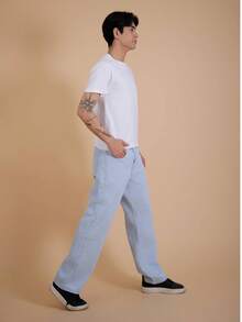 Calça Jeans Masculina Balao Wide Leg Reta  Azul Claro Estilo Streetwear Casual 38 ao 48 - Lavagem clara - Visão 2