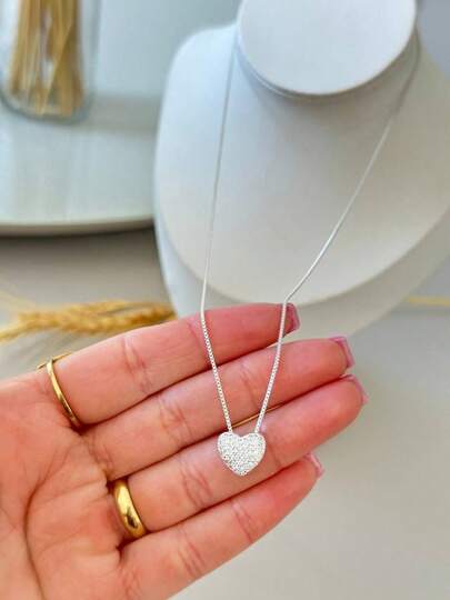 Colar com pingente de coração feminino da moda, incrustado com zircônia, banhado a prata e Ouro