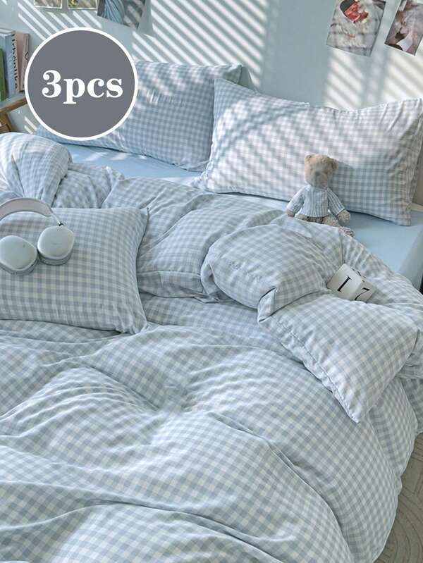 3 piezas Juego de ropa de cama con estampado de cuadros en azul claro, para niñas y estudiantes, suave y lindo, apto para las cuatro estaciones, funda nórdica de felpa, para el hogar, de fibra de poliéster sin incluir el edredón, tamaño individual, queen, king