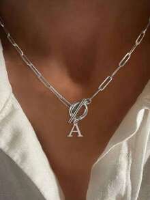 1 Piece Of Punk-Style Silver Stainless Steel Clasp Letter Pendant Necklace, With A Paper Clip Chain Design. Suitable For Both Men And Women To Wear.