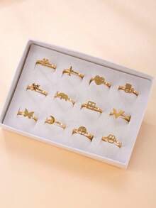 3/6/12pcs Fashionable & Cute Butterfly, Heart, Flower Multi-Element Ring Set, Suitable For Teenagers Boys And Girls Daily Wear (Random Styles, Random Sizes, No Gift Box)