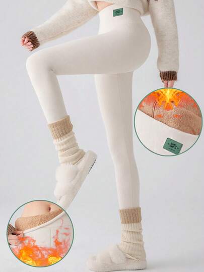 500g/㎡ Damen Leggings aus gebürsteter Baumwollfleece, hoher Bund, dicke Fütterung, Rippstrick, enge Passform, Herbst/Winter