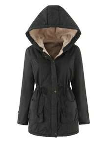 Jaqueta com Capuz Feminina, Corta-Vento Casual, Tecido Tecido de Cor Sólida, Bolsos, Adequado para Outono, Inverno, Primavera - Preto - Visão 6