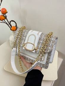 迷你时尚粗花呢斜挎包，女士链条单肩包，复古格子图案方形钱包 - 白色 - 查看 10