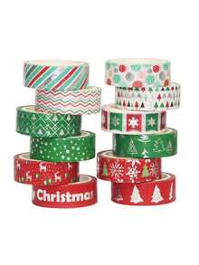 12 Rolls/Box Vintage Christmas Pattern Washi Tape Set, Creative Gold And Silver Foil Craft Design Washi Tape, Supplies For Making Handbook Essential, Party Gift Box Decorative Tape.