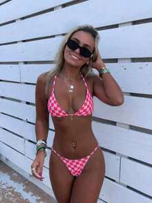 PEPPERMOLLY 女士性感时尚双色格子两件式泳衣，露背吊坠领口设计，配星星吊坠配饰，夏季沙滩比基尼套装，随机印花 - 粉色 - 查看 5