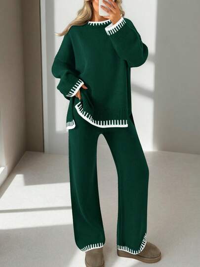 2pcs Women Colorblock Sweater Set, Long Sleeve Crew Neck Sweater Top And Pants, Women Casual Loungewear Set For Autumn/Winter