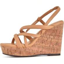 Women Platform Wedge Sandals Cork Slingback Wedges Espadrilles Heels Summer Fashionable Shoewear - Camel - View 3