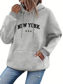 大码女式休闲连帽长袖卫衣，印有“NEW YORK”和“U.S.A”字样，适合春、夏、秋季穿着，也可作为万圣节外套或度假服装。 - 灰色 - 查看 7