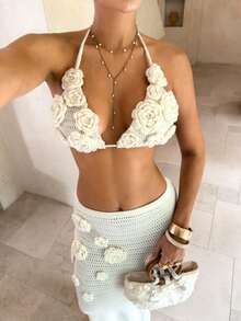 女士春夏针织吊带上衣和中长裙套装 | 镂空花朵镶嵌设计，性感优雅 | 海滩度假、早午餐约会的完美之选 - 米色 - 查看 10
