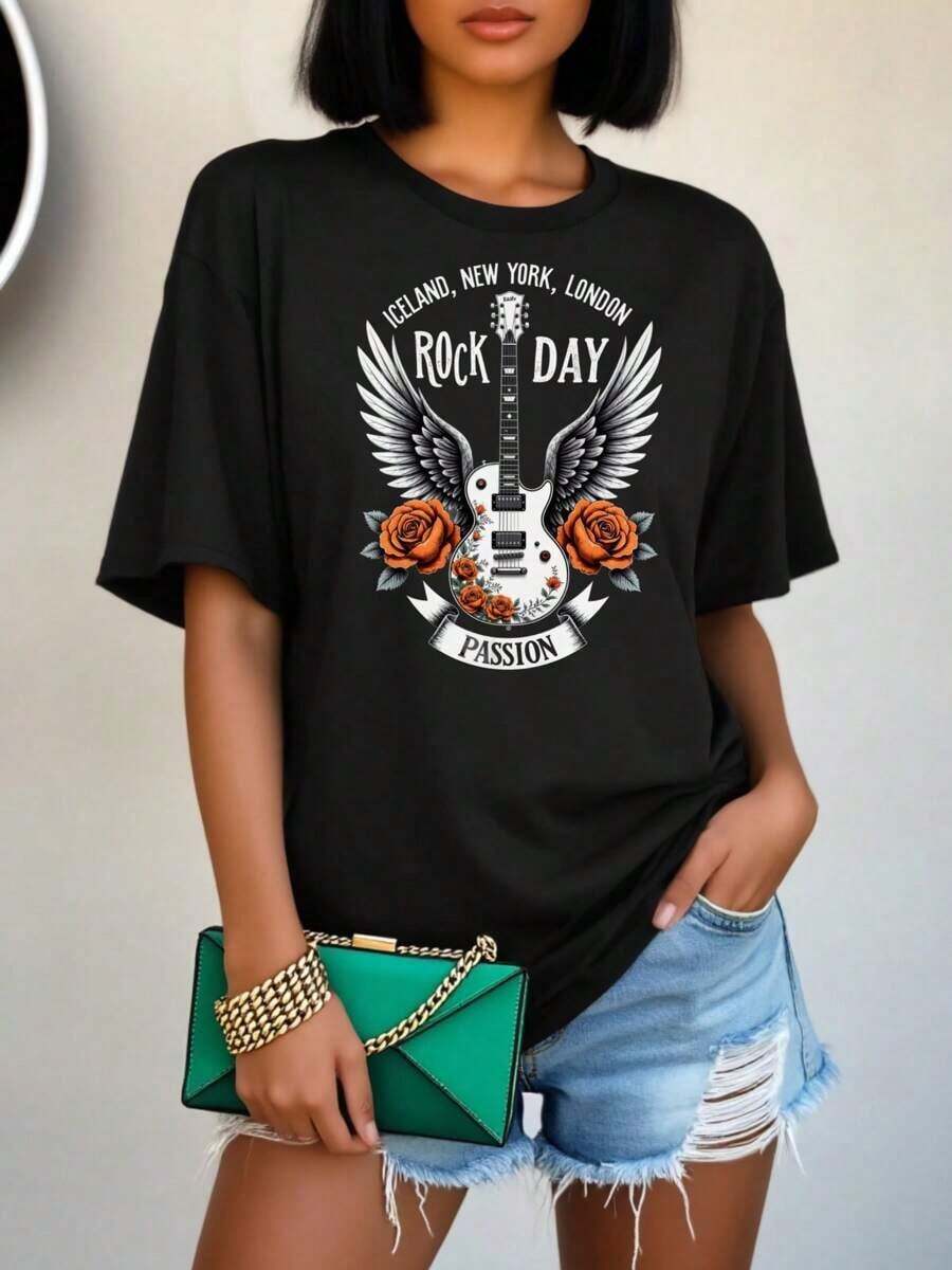 Women's Graphic Tee Shirt - Rock Day Design With Guitar And Roses - Casual Oversized T-Shirt For Summer - Perfect For Music Festivals And Everyday Wear - 黑色 - 查看 1