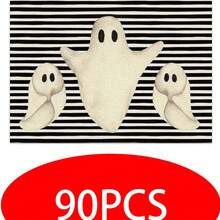 4 piezas Manteles individuales de lino con estampado de fantasma a rayas y gatito para Halloween - Manteles rectangulares de lino tejido para decoración de comedor, cocina, mesa de café y mesa de comedor - Multicolor - Ver 18