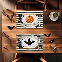4 piezas Manteles individuales de lino con estampado de fantasma a rayas y gatito para Halloween - Manteles rectangulares de lino tejido para decoración de comedor, cocina, mesa de café y mesa de comedor - Multicolor - Ver 11