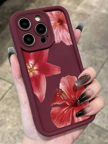 1pc Red Floral Pattern Soft TPU Shockproof Protective Phone Case, Fashion, Full-Body Protection, Compatible With IPhone 17/17 Air/17 Pro/17 Pro Max, 16/16E, 15/15 Pro/15 Pro Max, 14/14 Pro/14 Pro Max, 13/13 Pro/13 Pro Max, 12, 11 - Burgundy - View 4