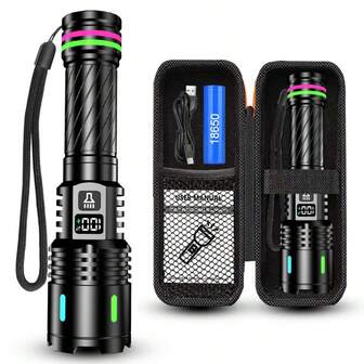 1PC LED Flashlight,3 Modes, Rechargeable Handheld Tactical Light ,USB Type-C,Aluminum Alloy,Multi-Functional Torch,For Outdoor,Camping,Fishing,Emergency-Includes Battery,Belt Clip,Hand Strap,USBCable,Instruction.