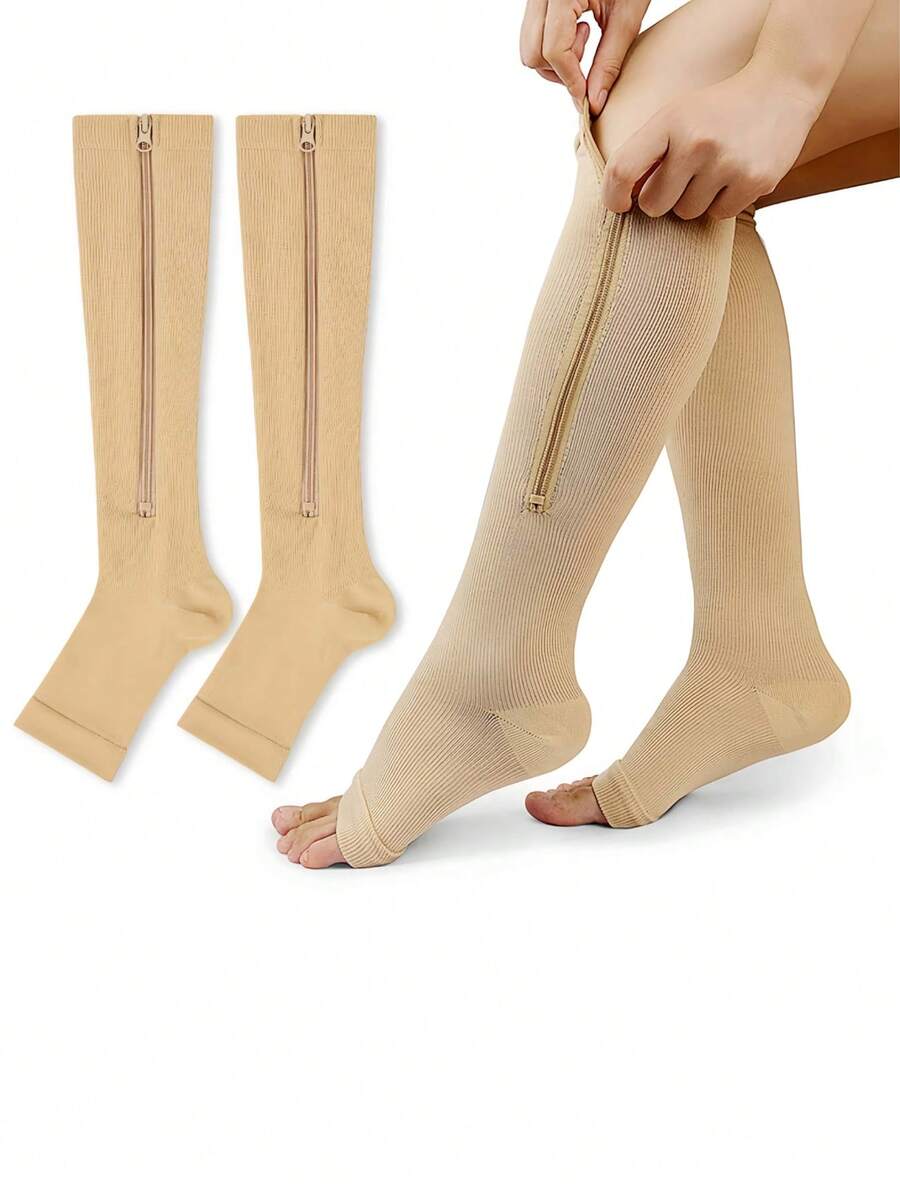 1 par de meias de compressão femininas sem biqueira, meias altas com zíper lateral, confortáveis para movimento, meias de prevenção de varizes, meias que se ajustam à pele - Multicolorido - Ver 1