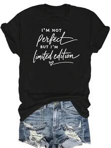 [Camiseta de moda casual] Camiseta de mujer suave y cómoda - Encanto único e imperfecto Parte superior de manga corta y cuello redondo casual, regalo perfecto para la abuela y la mamá, uso casual de primavera y verano - Negro - Ver 1
