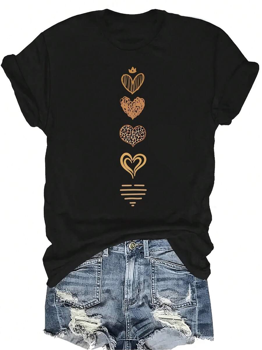 [Camiseta de moda casual] Camiseta suave y cómoda para mujer - Paquete variado de corazones dorados Casual de manga corta y cuello redondo, regalo perfecto para la abuela y la mamá, ropa casual de primavera y verano - Negro - Ver 1