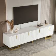 TV Cabinet, Base With Structured Doors, TV Cabinet, Golden Handle And Golden Legs - White + Particle Board - View 3