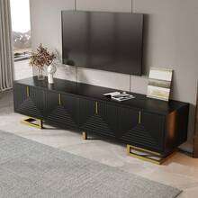 TV Cabinet, Base With Structured Doors, TV Cabinet, Golden Handle And Golden Legs - Black + Particle Board - View 2