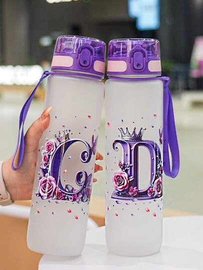 1pc 1000ml/32oz Plastic Water Bottle With Handle And Straw, 3D Printed With 26 Letters, Butterfly And Rose Patterns, Suitable For Travel And Car Use, Great Gift For Friends, Couples, Birthday, Thanksgiving, Valentine's Day