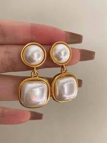 1 Pair Golden Pearl Geometric Dangle Earrings, Elegant French Style Versatile Earrings For Casual, Holiday, Party, Evening Wear - Vàng - Xem 4