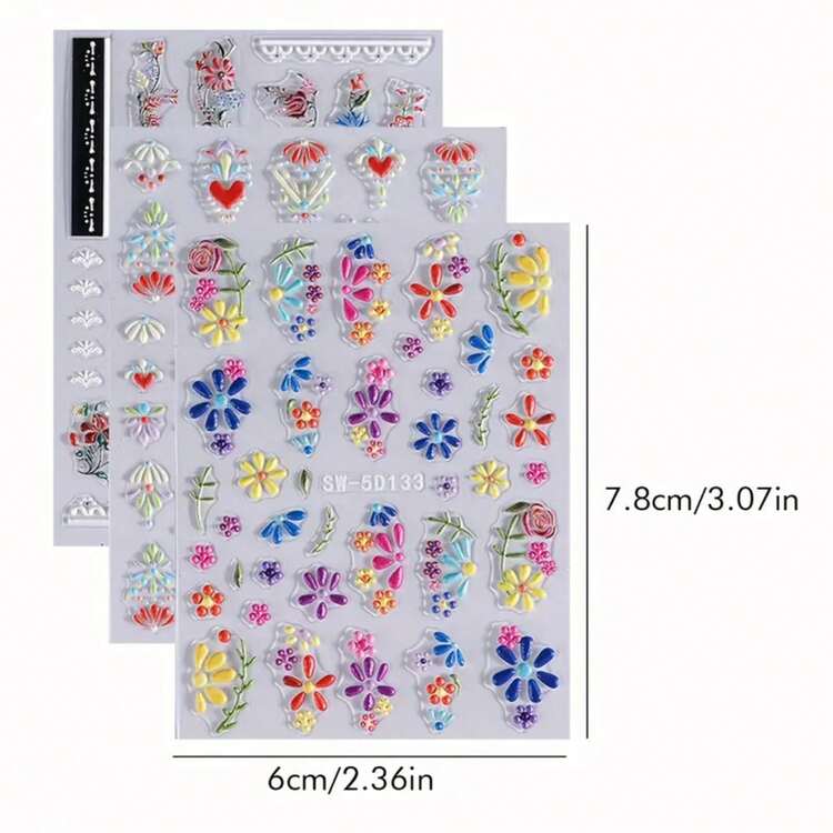 3pcs 5D Embossed Floral  Nail Art Stickers - Matte Finish, Self-Adhesive For DIY Manicure & Pedicure Decor - 彩色 - 查看 5