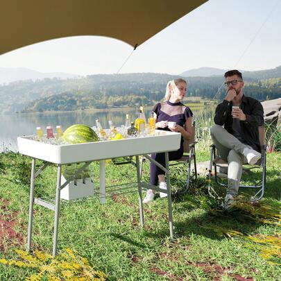 Outsunny 3.4ft Folding Ice Cooler Table With Drain, Outdoor Patio Party Cooler For Drinks, Fishing Cleaning Table With Storage Shelf For Picnic BBQ Camping Wedding, White