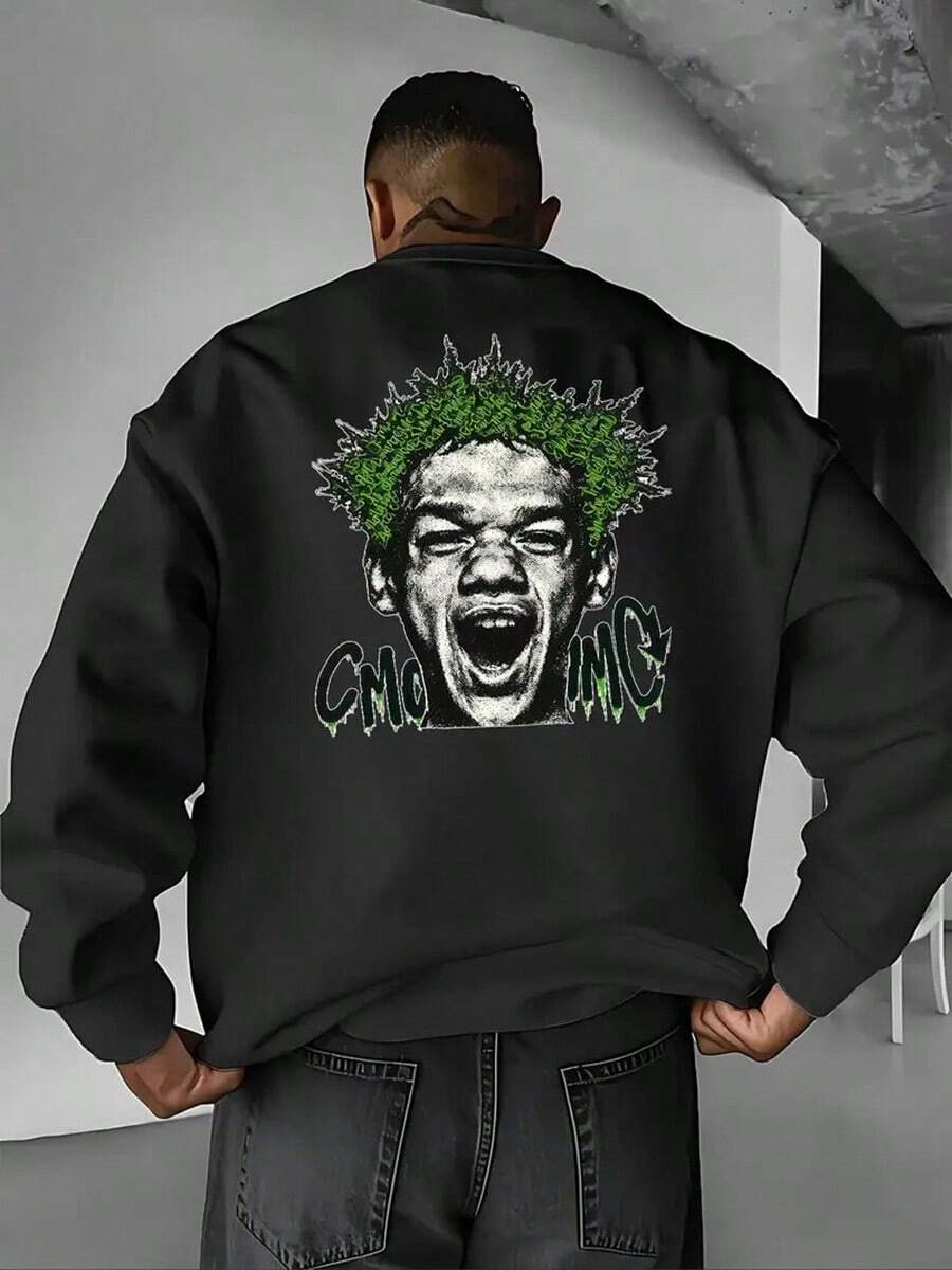 Men's Black Graphic Print Hoodie-Like Pullover Sweatshirt - Loose Fit Round Neck Long Sleeve, Stretch Knit Polyester With Bold Green Face & Text Design, Machine Washable For Gym, Outdoor & Everyday Winter Wear - Casual Streetwear,Fall Hoodies,Men's Fall Clothes,Street Wear,Halloween,Mens Hoodies,Y2k Clothes,Jesus Hoodie,Thanksgiving Day,Nightmare Before Christmas,Christmas - 黑色 - 查看 1