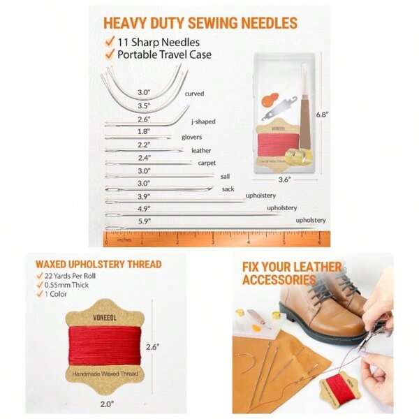 Upholstery Repair Kit: Waxed Sewing Thread 3 Rolls - Black Color Heavy Duty Needles 11 PCS Leather, Canvas Quilting Thread