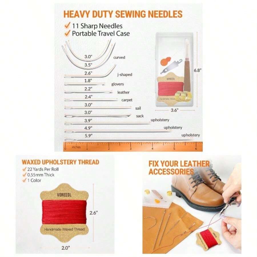 Upholstery Repair Kit: Waxed Sewing Thread 3 Rolls - Black Color Heavy Duty Needles 11 PCS Leather, Canvas Quilting Thread - Red - View 1