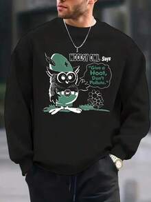 Men'S, Give Walnut Owl A Little Love Print Fashion  Round Neck Long Sleeve Sweatshirt, Comfortable Regular Fit Pullover, Essential Autumn And Winter Top For Men,Fall Hoodies,Men's Fall Clothes,Street Wear,Halloween,Mens Hoodies,Y2k Clothes,Jesus Hoodie,Thanksgiving Day,Nightmare Before Christmas,Christmas - 黑色 - 查看 1
