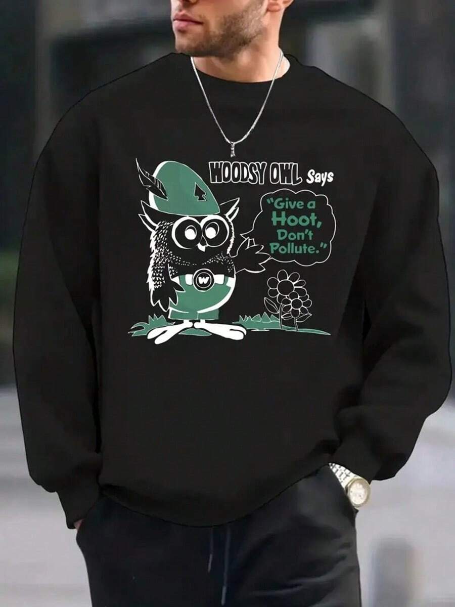 Men'S, Give Walnut Owl A Little Love Print Fashion  Round Neck Long Sleeve Sweatshirt, Comfortable Regular Fit Pullover, Essential Autumn And Winter Top For Men,Fall Hoodies,Men's Fall Clothes,Street Wear,Halloween,Mens Hoodies,Y2k Clothes,Jesus Hoodie,Thanksgiving Day,Nightmare Before Christmas,Christmas - 黑色 - 查看 1
